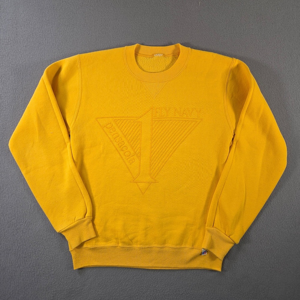 Vintage Russell Athletic Sweatshirt Mens Small Yellow Pensacola Fly Navy USA